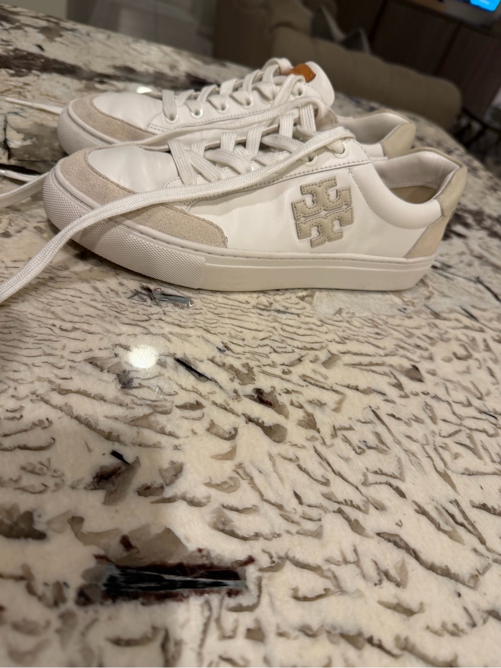 Tory Burch Cream and White Logo Low-Top Sneakers